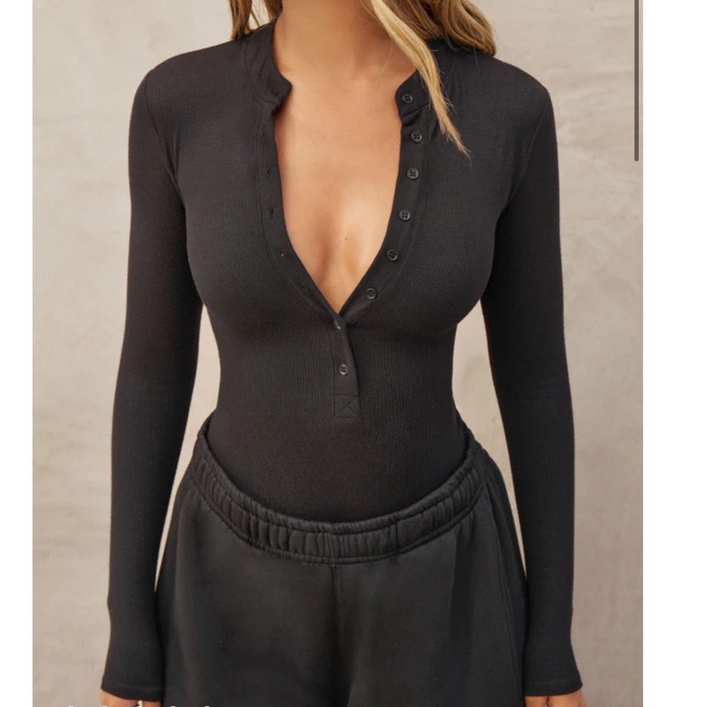 JOAH BROWN Black Button Down Henley Ribbed Size S/M